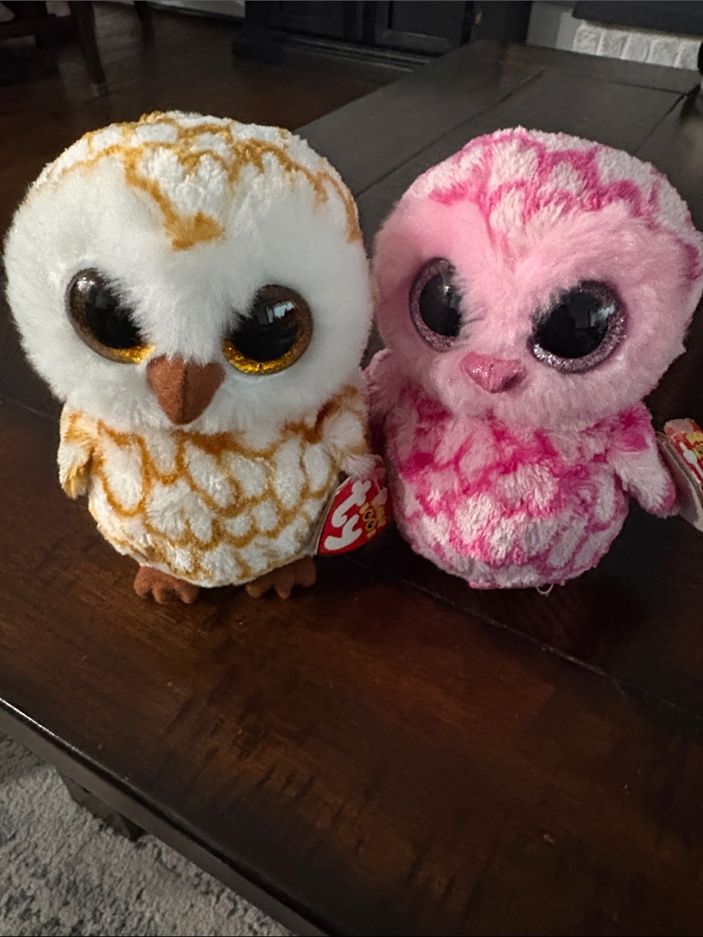 Ty Plush Owl Duo - White & Pink with Gold and Dark Pink Details